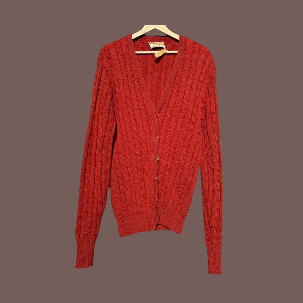 Jantzen Wool Cable Cardigan | Rust Red | Size XL | Vintage